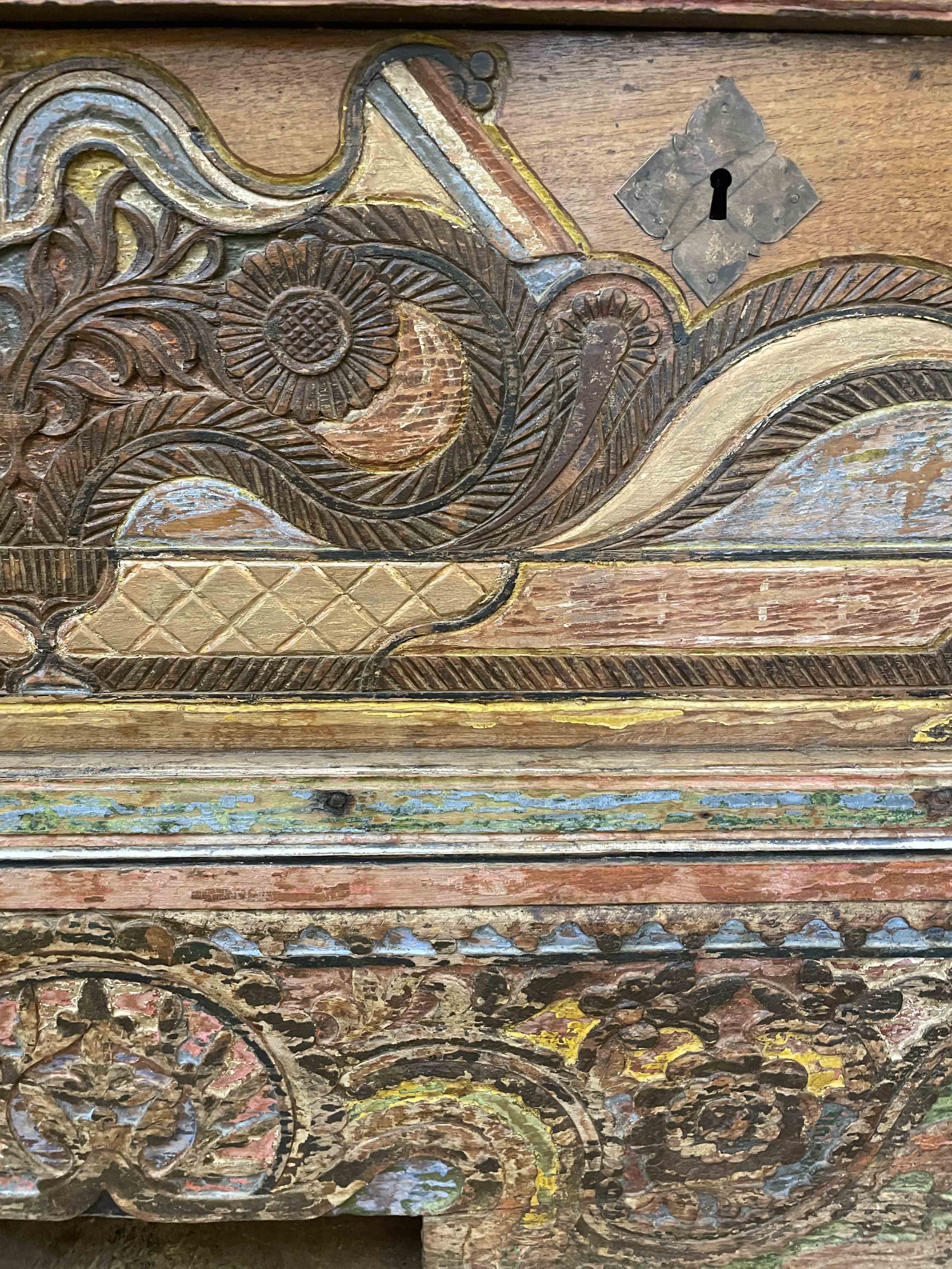 Painted & carved wooden work trunk