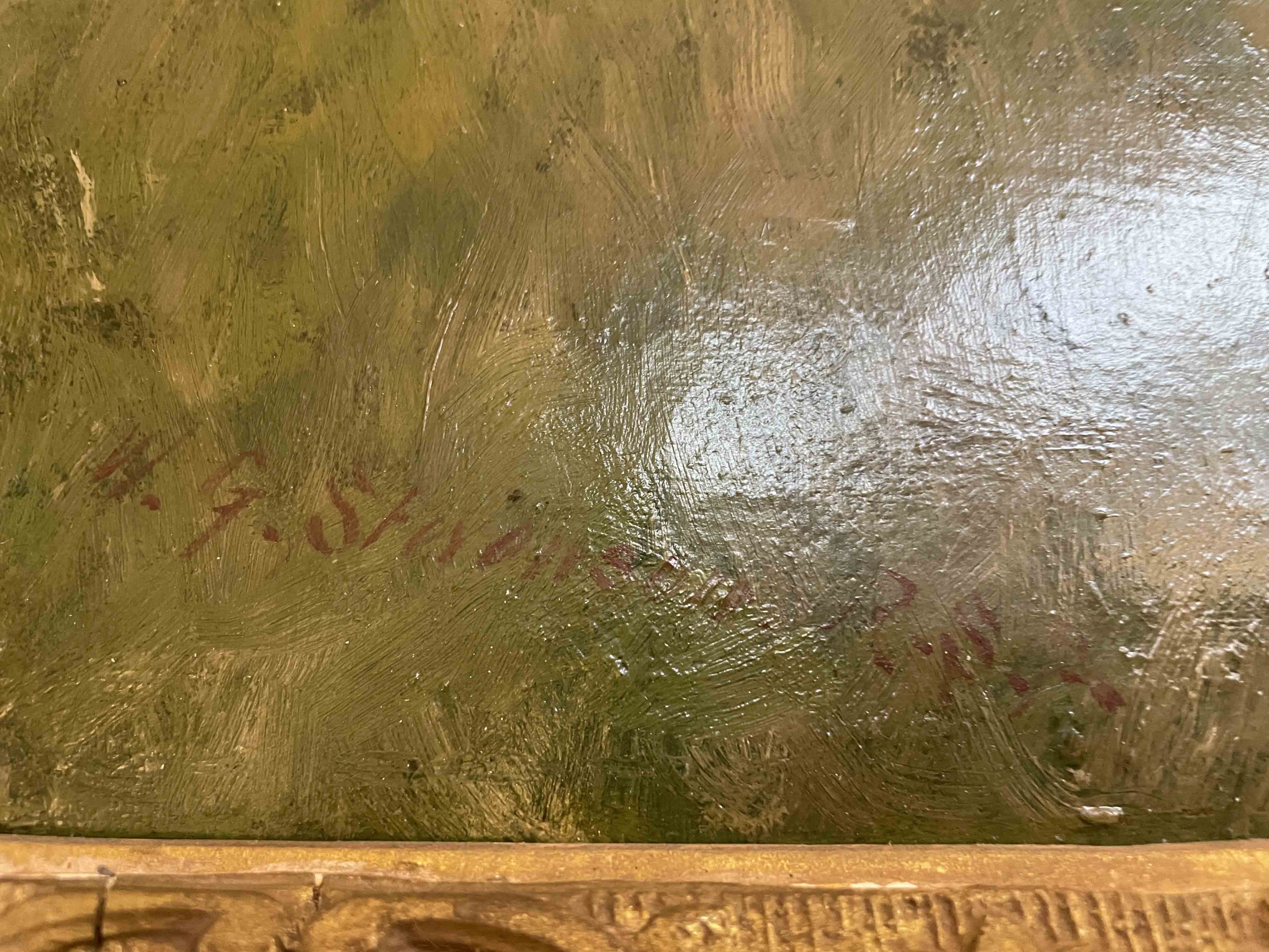 19th C oil on canvas painting of puppies with goat