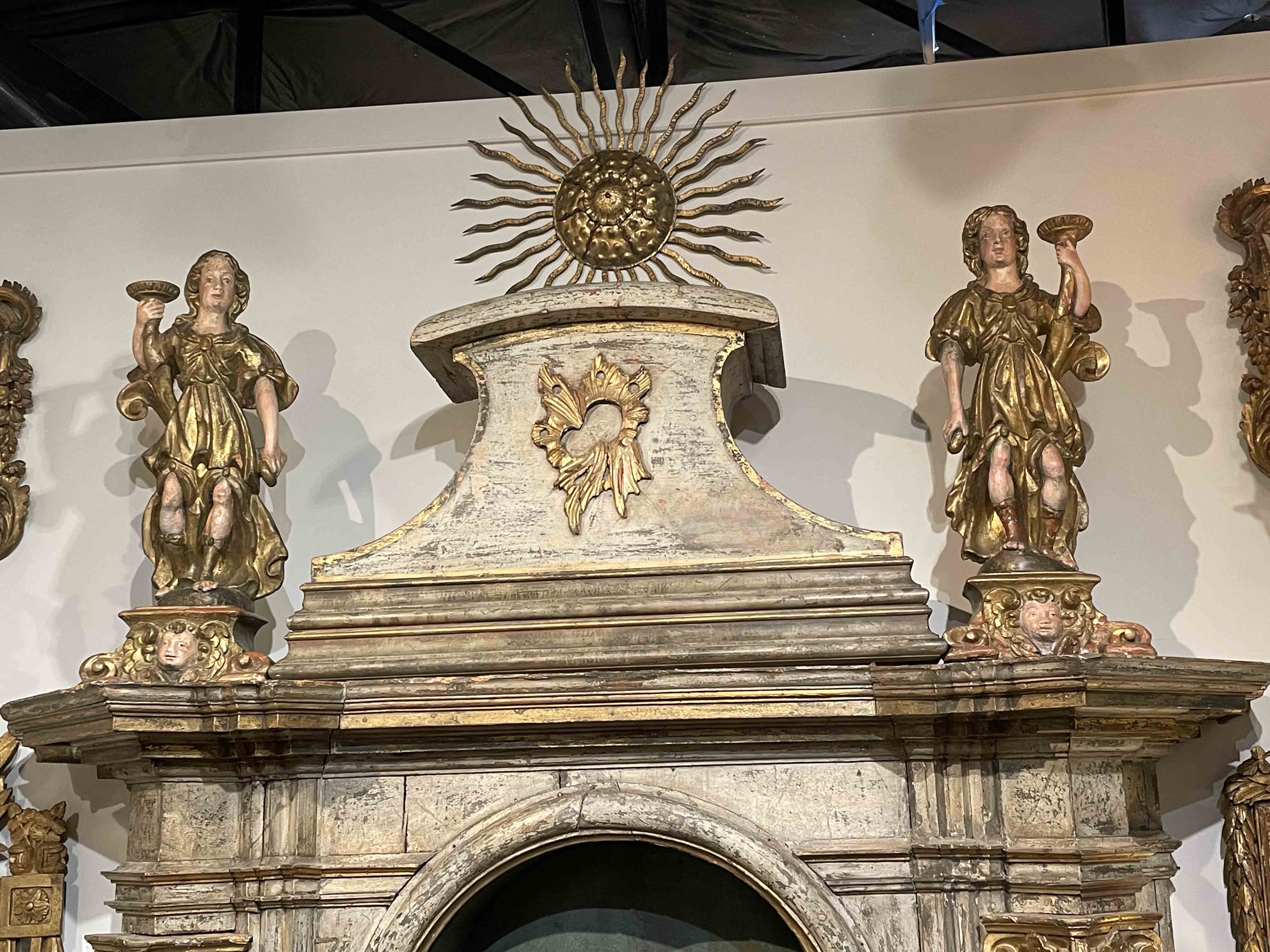 Pair carved wood polychrome and gold gilt angels