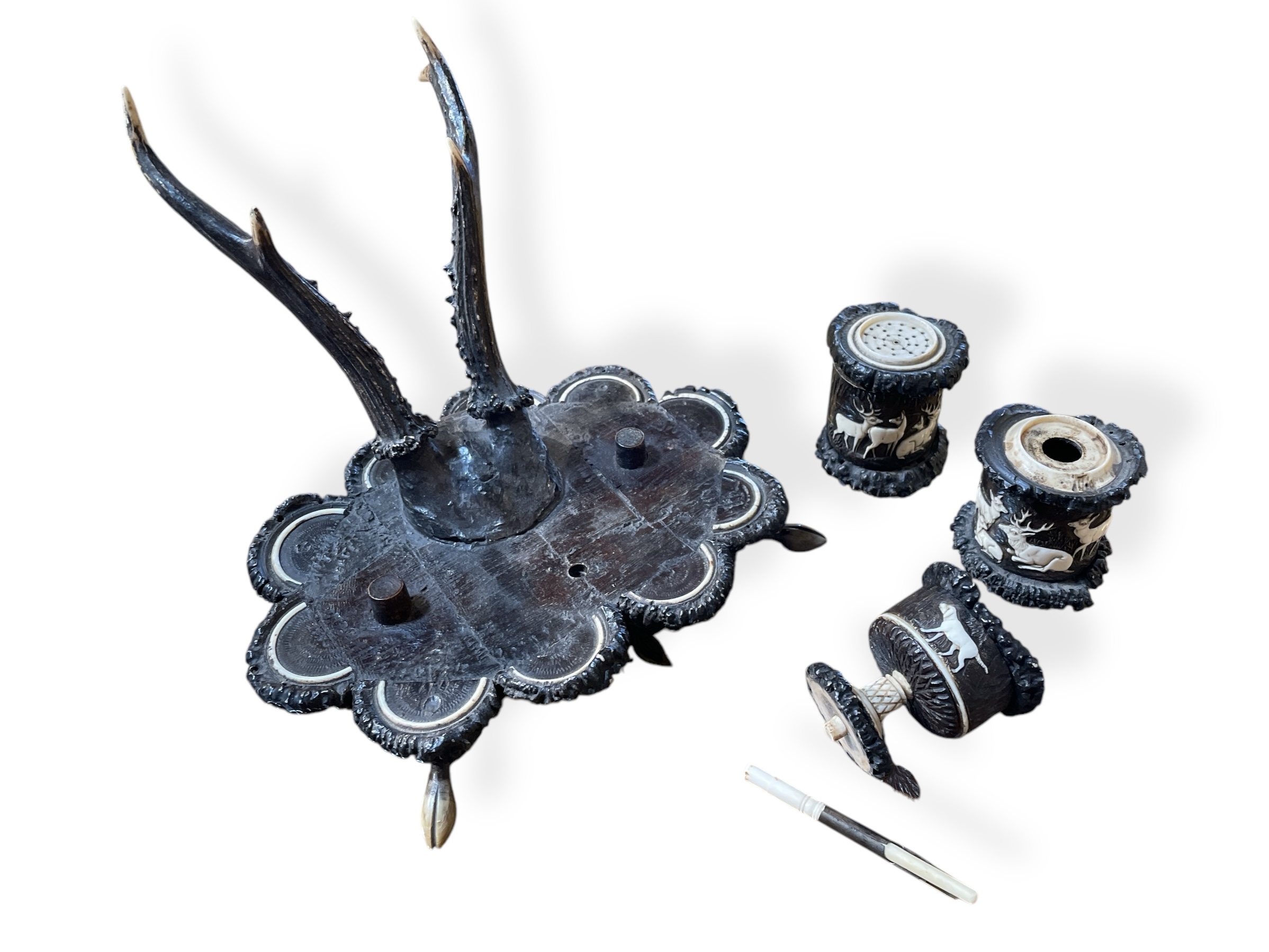 Exquisite German carved wood and antler ink stand