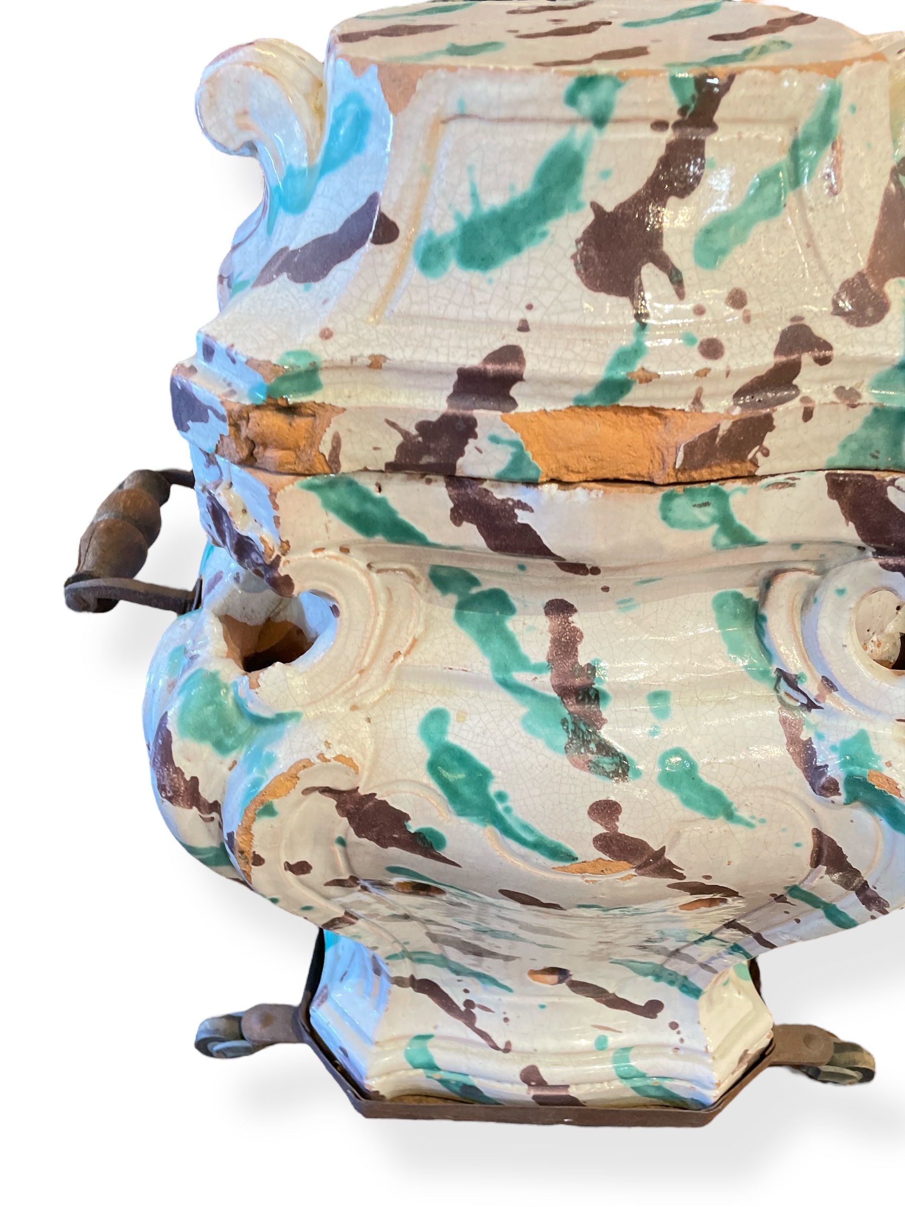 French Louis XVI glazed faience chauffeuse 