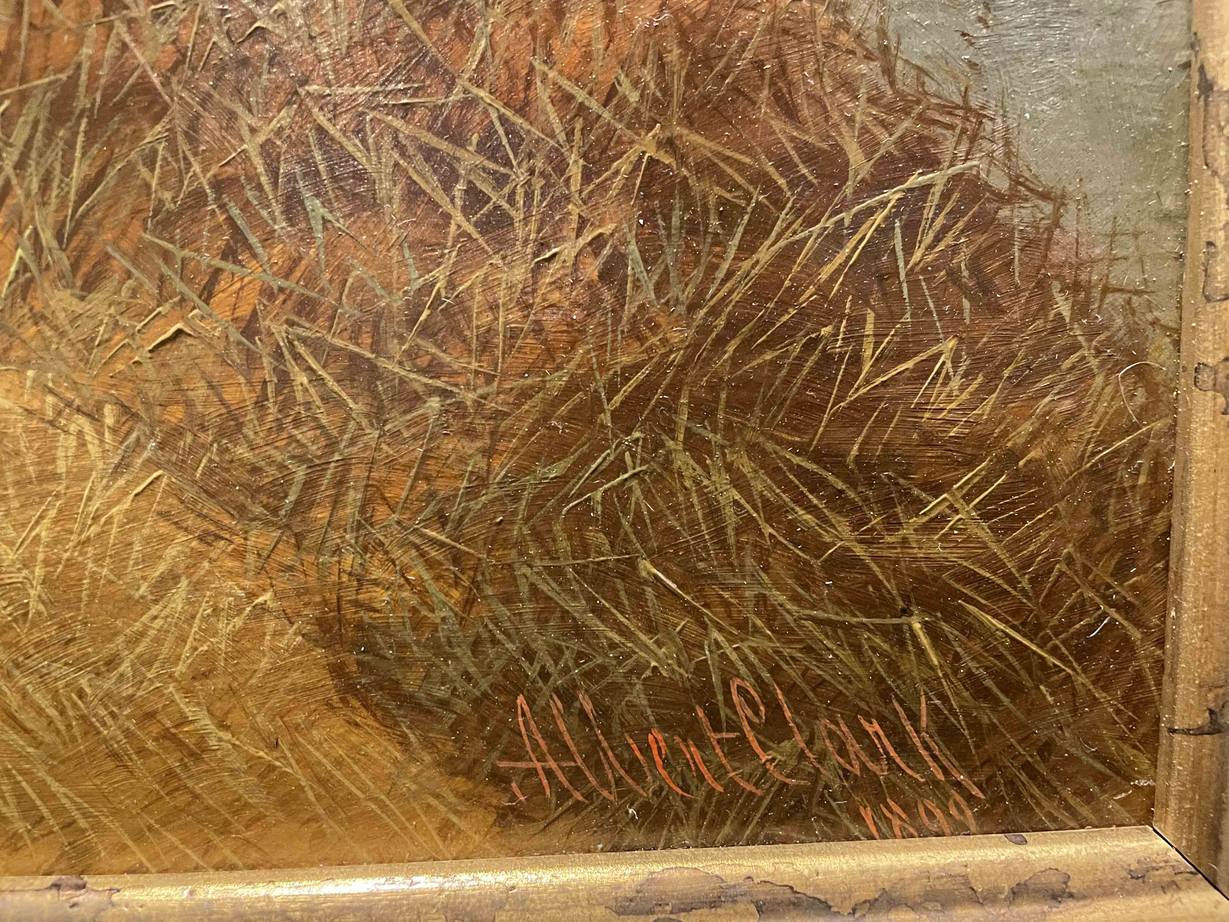 Oil on board painting of a horse in stable by Albert Clark, dated 1899