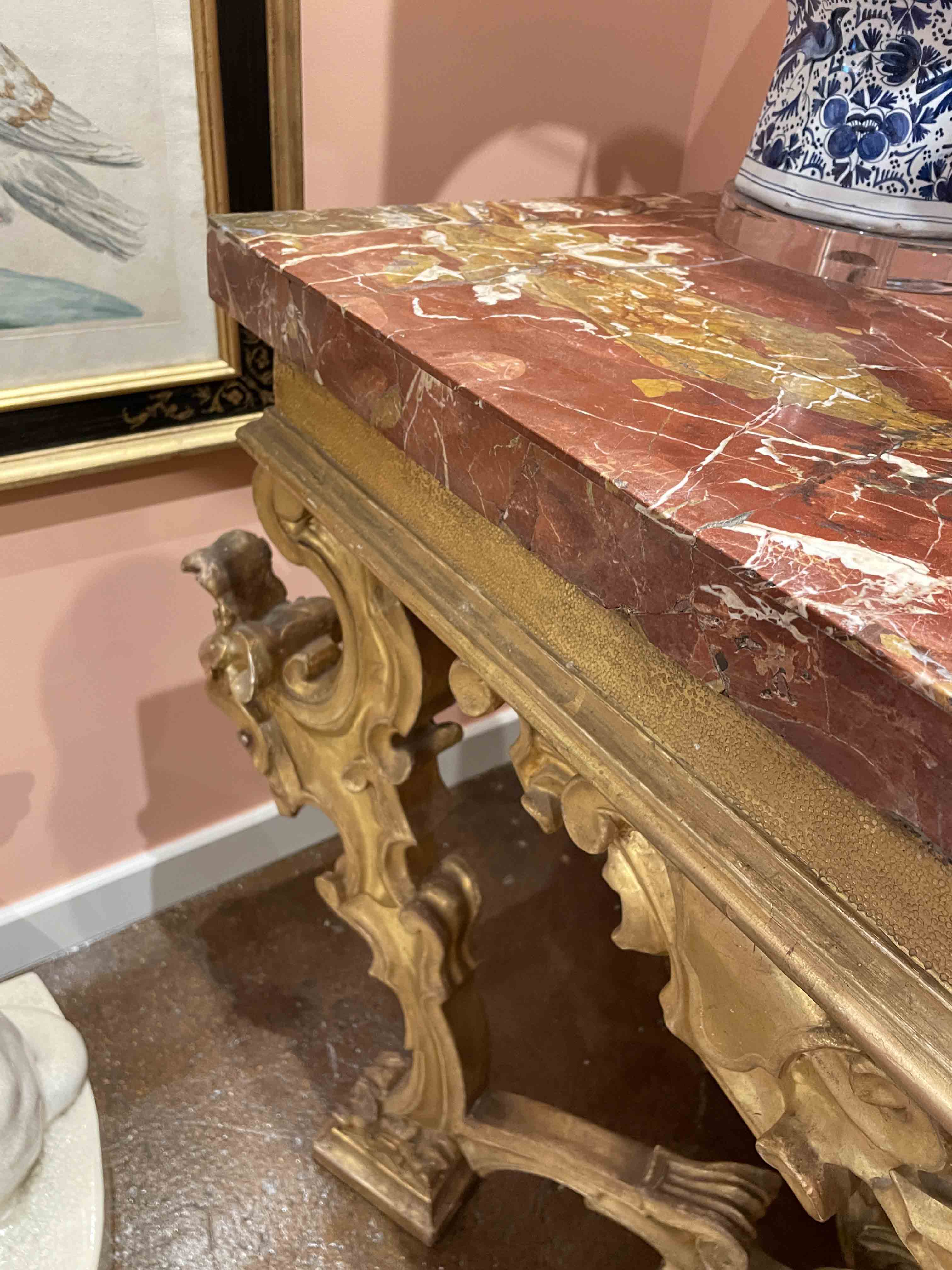 18th C Italian gilt console table w/ marble top
