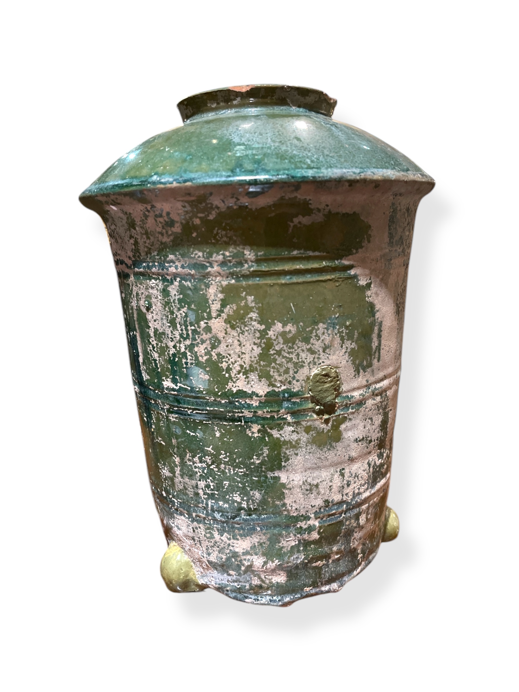 19th C Chinese lidded storage vessel with dark green glaze