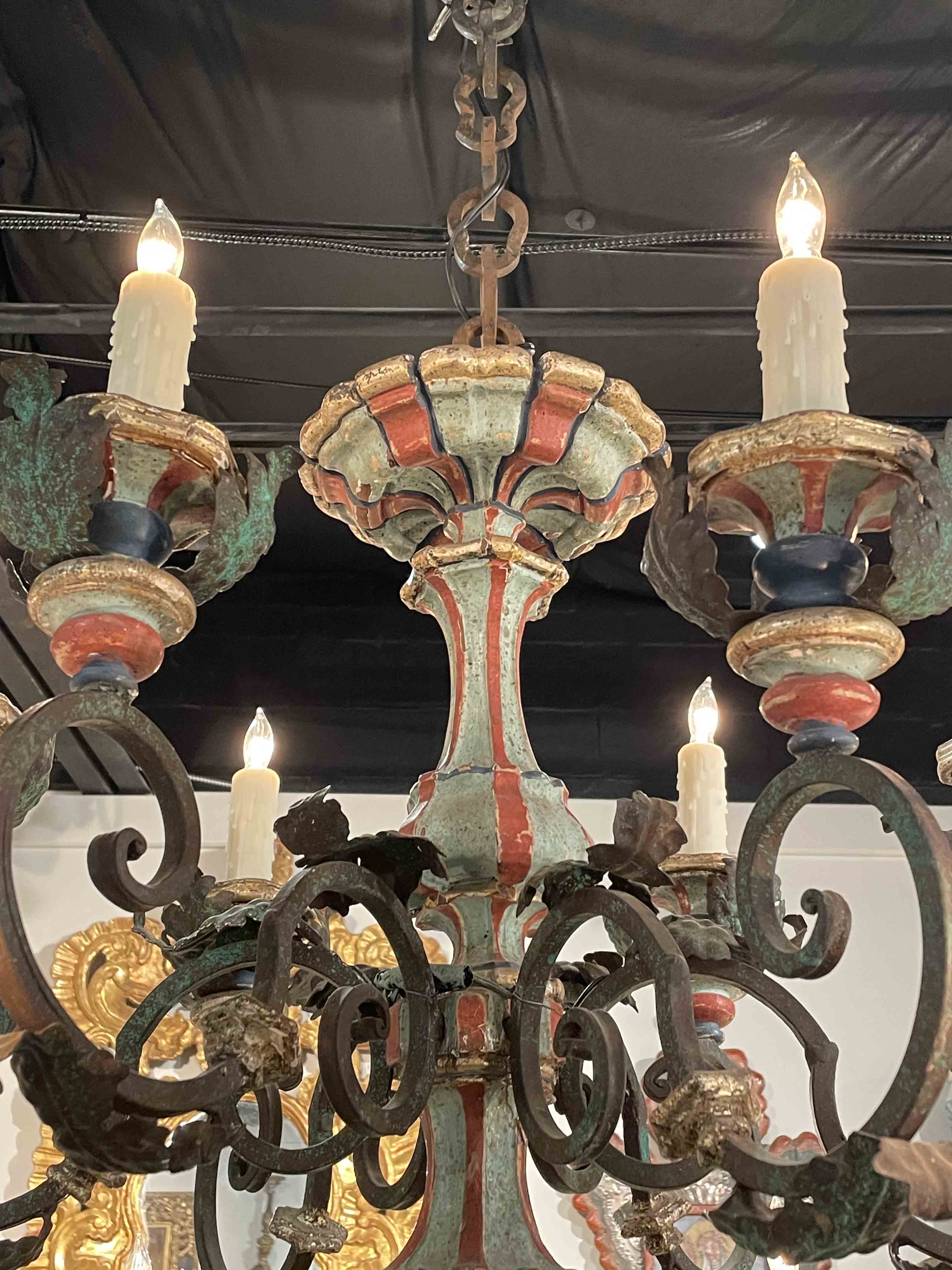 Painted wood & iron Tuscan chandelier