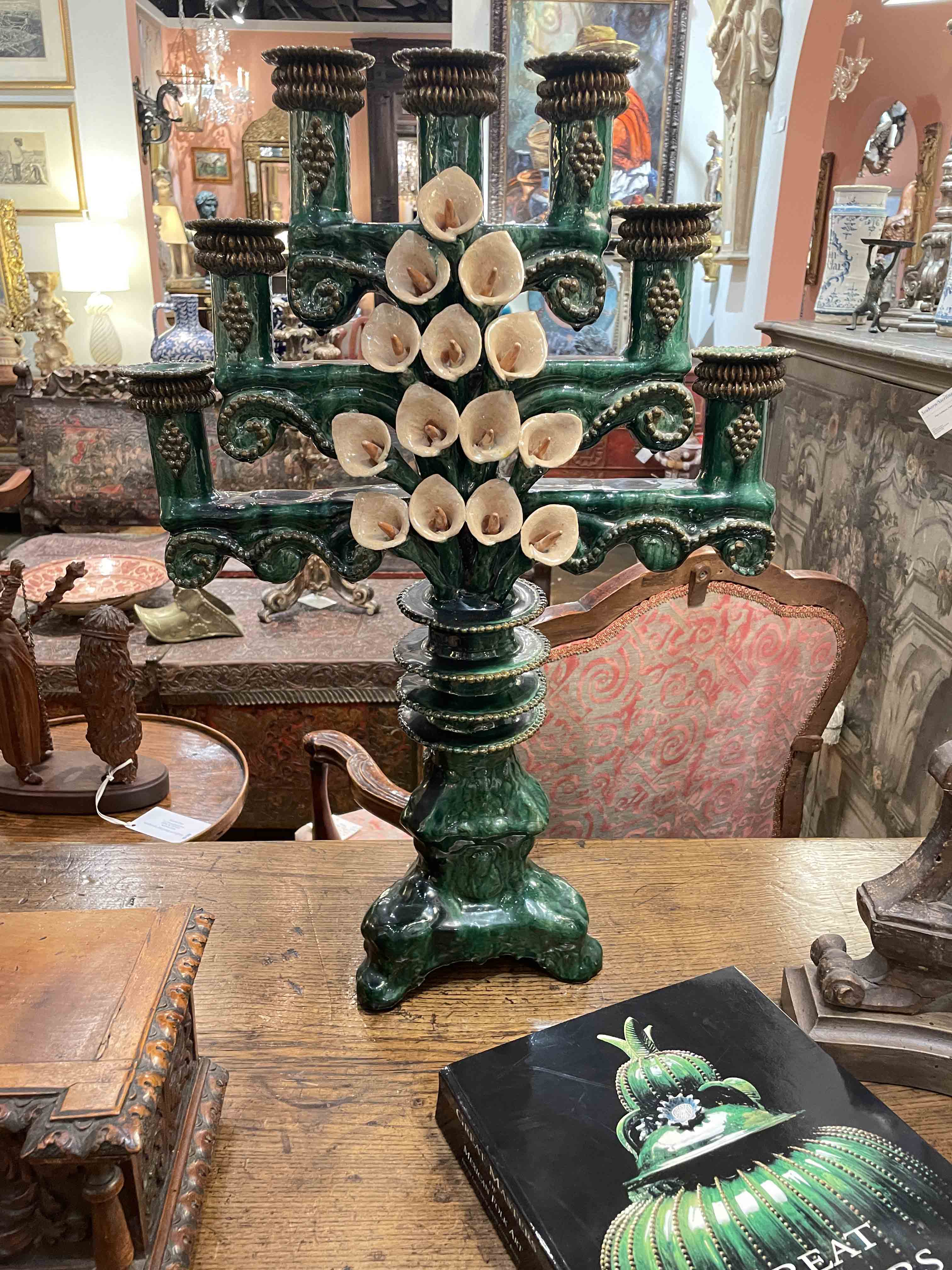 Extra large green glazed Michoacan candlestick