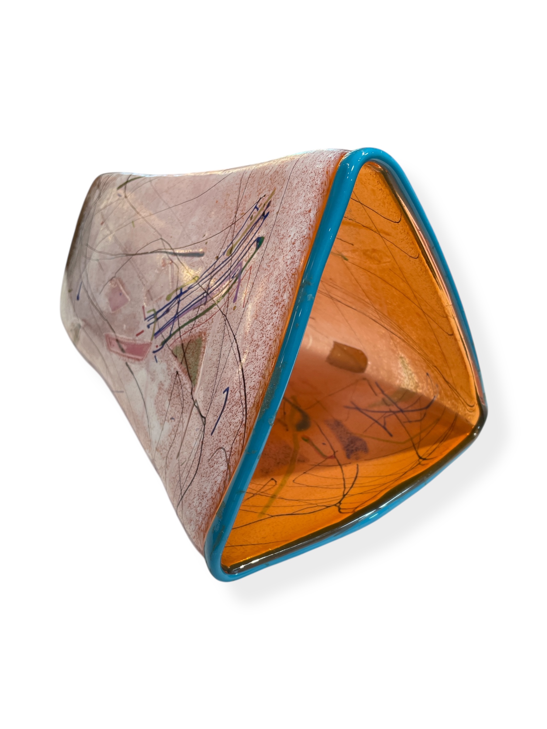 Large triangular art glass vase