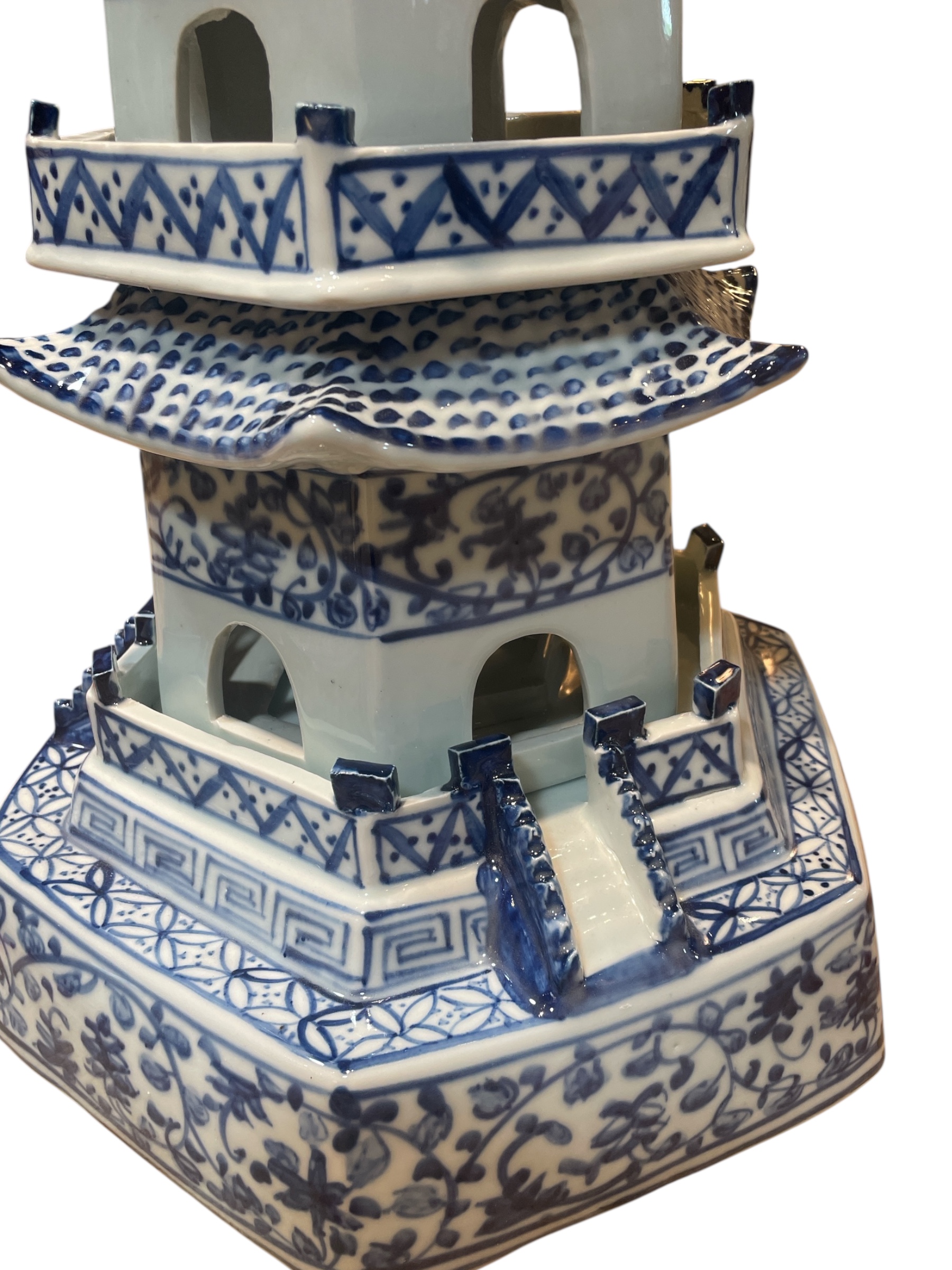 Pair of blue and white porcelain pagodas