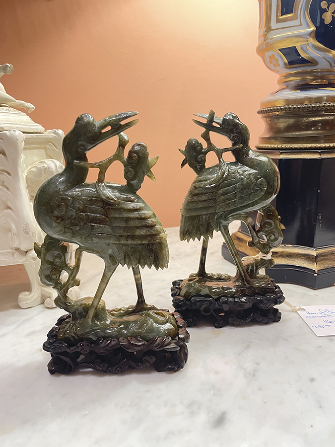 Pair of Chinese carved jadeite cranes