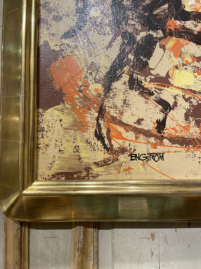 Oil on canvas abstract painting of jockeys