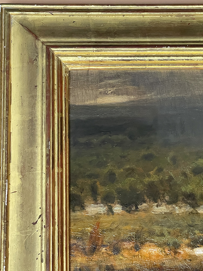 Framed oil painting on board titled "Desert Rain"