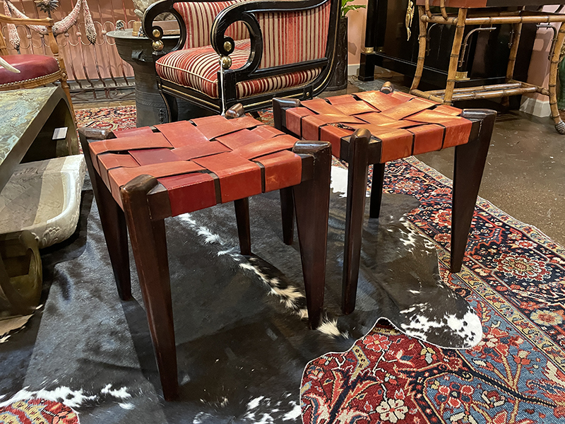 Pair of woven leather top stools