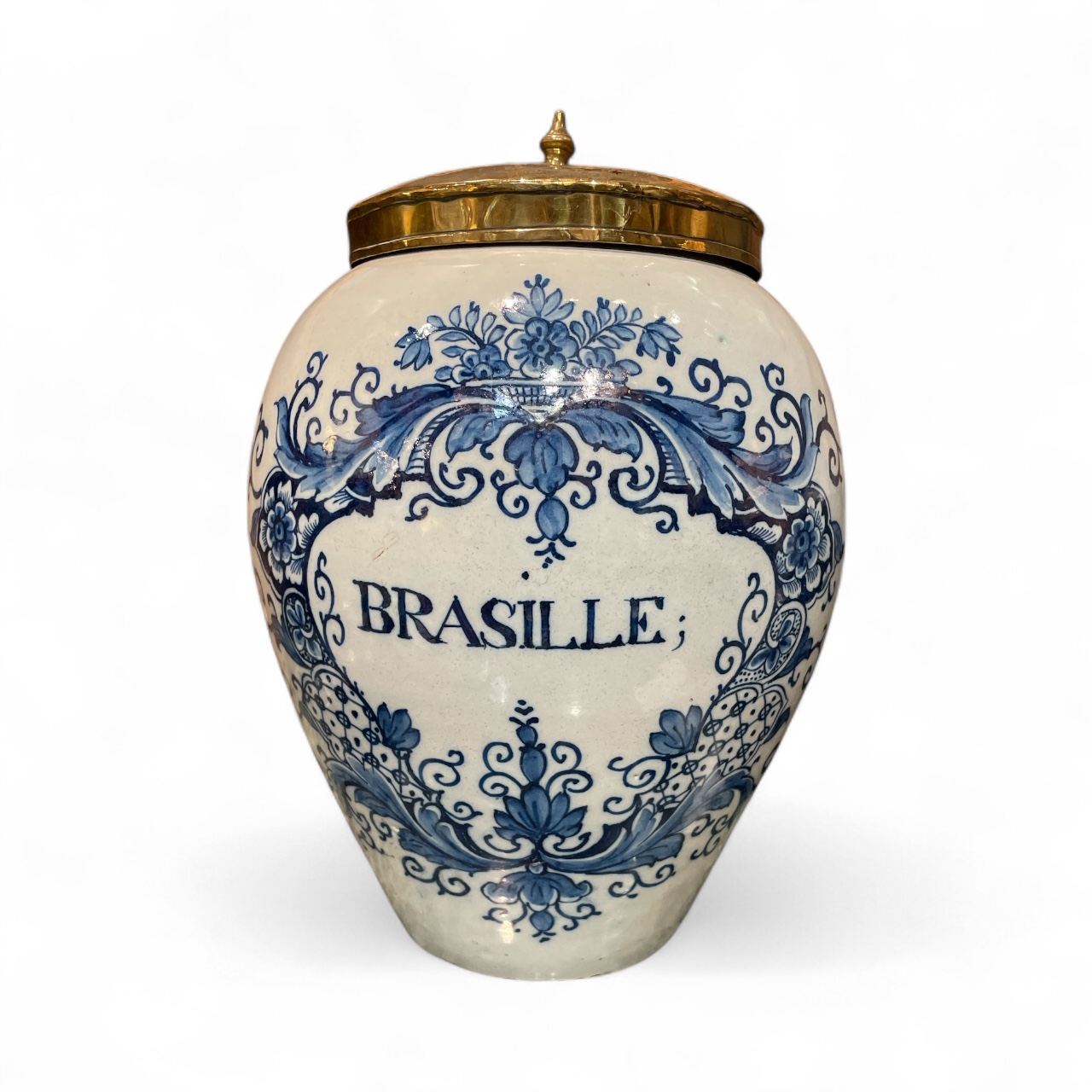 Dutch Delft tobacco jar with later brass lid