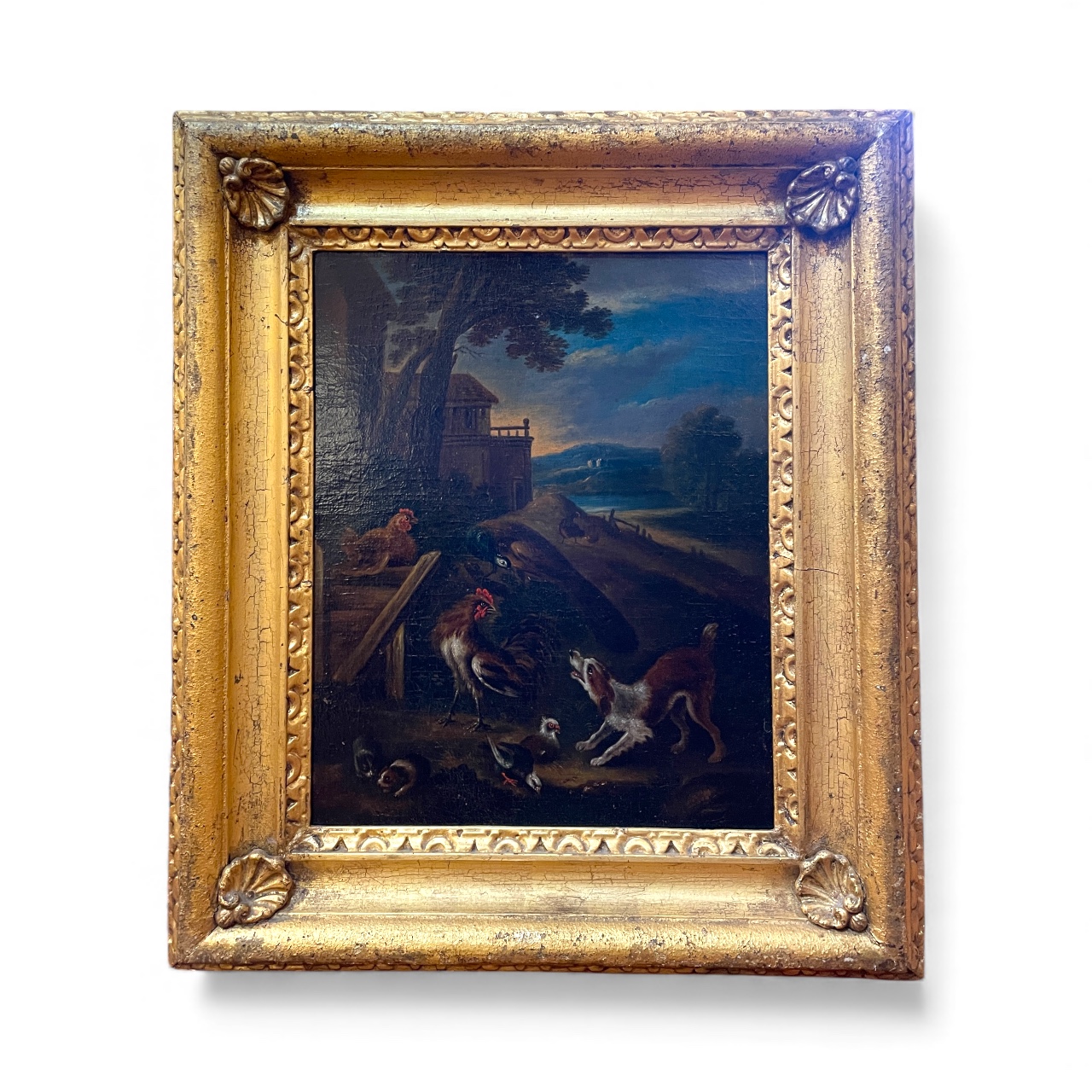 Oil painting of a barnyard scene by H. Barlow 