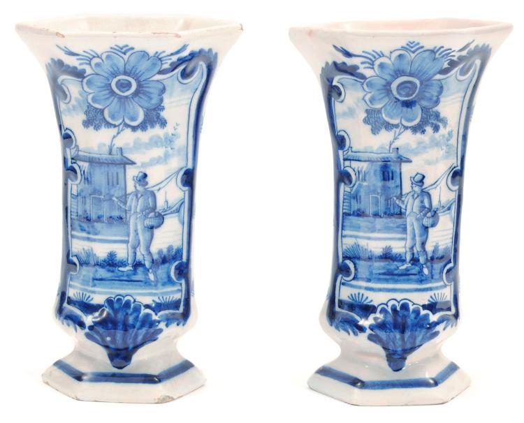 Pair of Delft 18th C sleeve vases