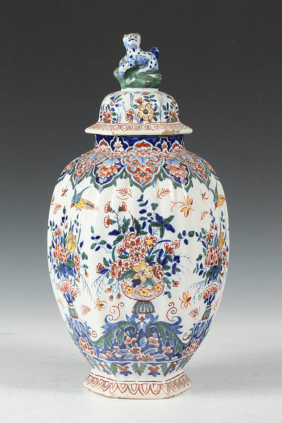 Dutch Delft polychrome pottery vase with lid