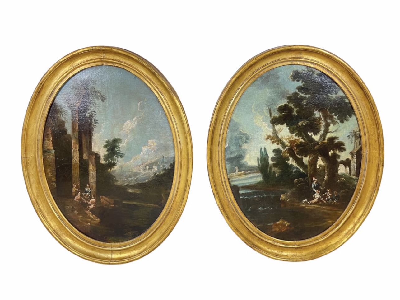 Pair of oval Italian oil on canvas paintings